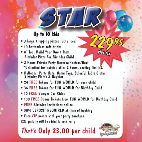 A vibrant red and pink flyer advertises a "STAR" birthday party package for kids, detailing inclusions and pricing.