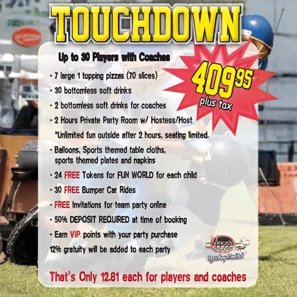 A "Touchdown" party package advertisement with a football player in the background.