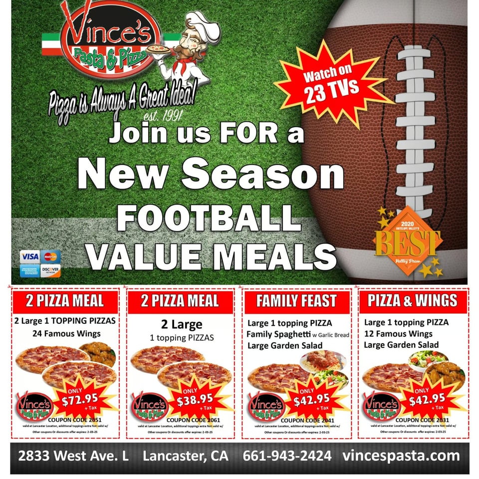 Vince's Pasta & Pizza advertisement for football value meals, featuring pizzas, wings, spaghetti, and salad.