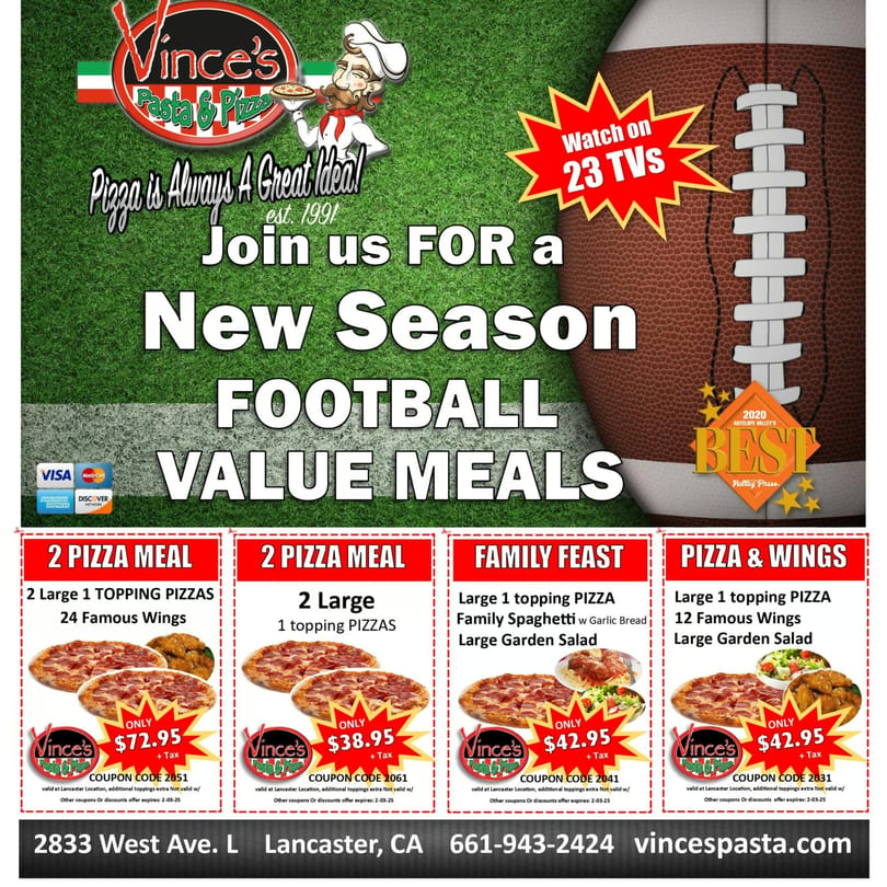 Vince's Pasta & Pizza advertisement for football value meals, featuring pizzas, wings, spaghetti, and salad.