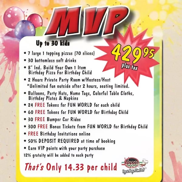 MVP birthday party package advertisement with colorful balloons and a red starburst price.