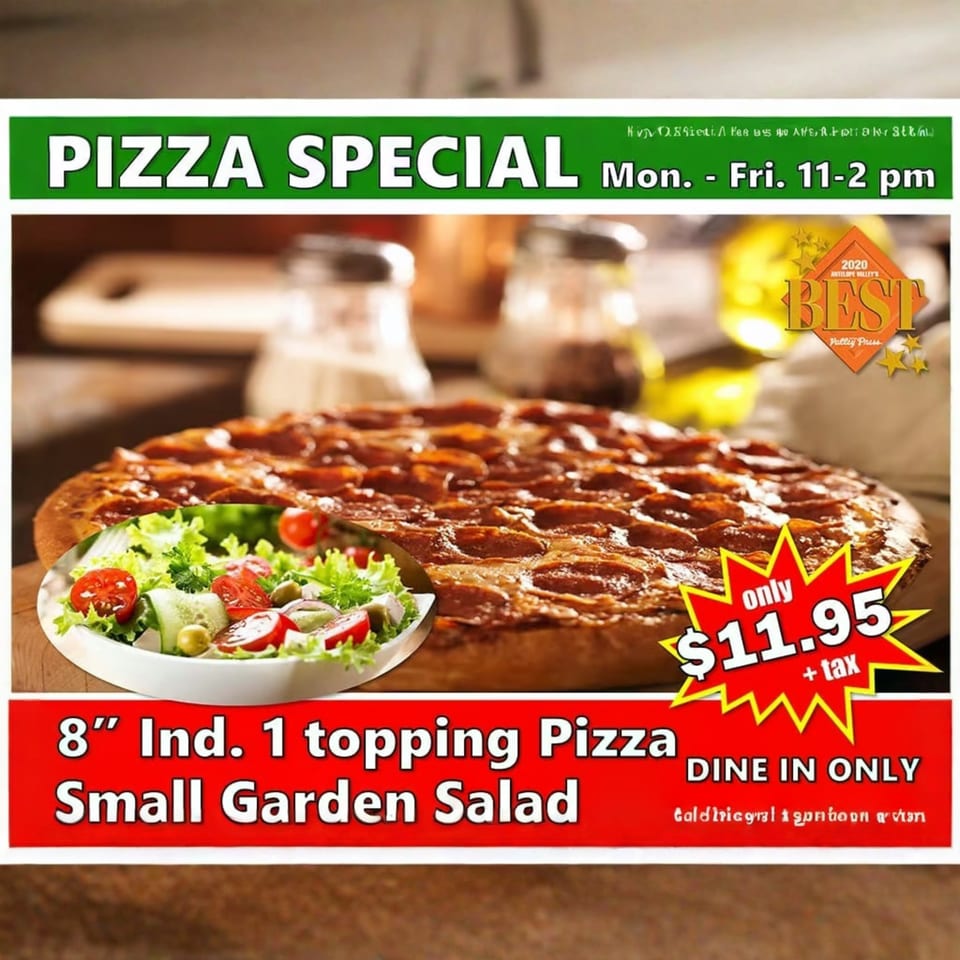 A pepperoni pizza and a garden salad, advertising a pizza special for $11.95.