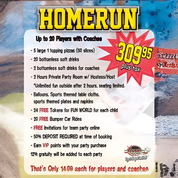 A Homerun party package advertisement lists features like pizzas, drinks, private room, and activities for $309.95.