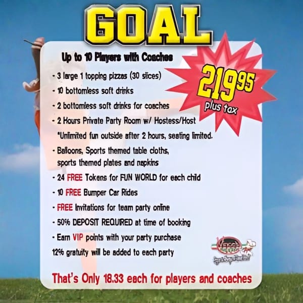 A party package advertisement for "GOAL" with details on food, drinks, activities, and pricing.