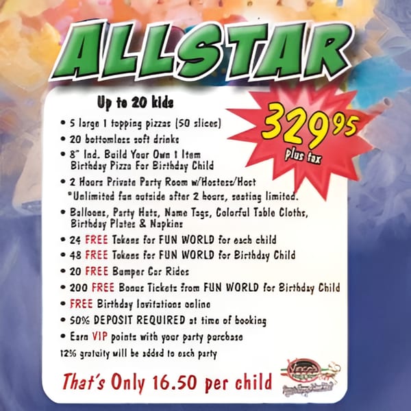 An advertisement for an "Allstar" birthday party package, listing inclusions and pricing.