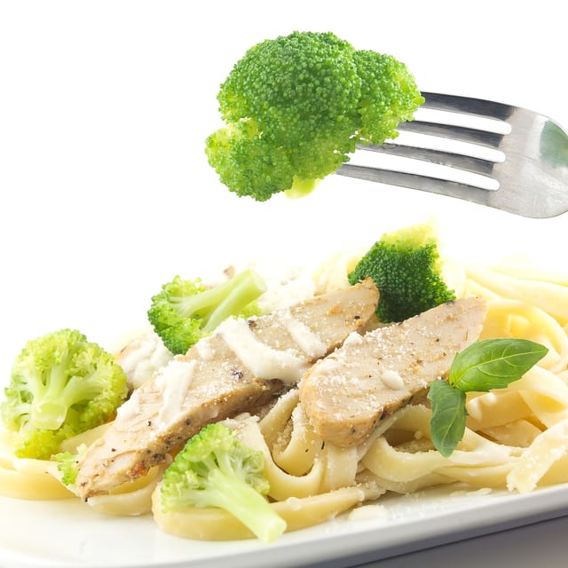 Chicken Fettuccine Alfredo with Broccoli.